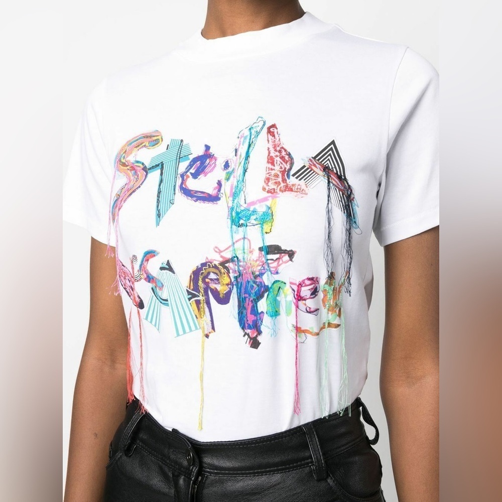 NWT Stella McCartney Collage Tassel Fringe White Logo Tee T Shirt Sz 42 - Picture 13 of 14